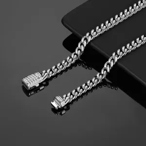 Men stainless steel cuban link chain necklace with diamond clasp, stylish silver jewelry.
