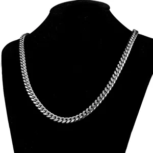 Silver cuban link chain close up detail, classic hip hop stainless steel necklace design.