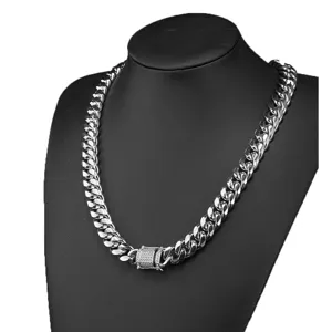 Thick stainless steel Cuban link chain necklace featuring a micro pave diamond clasp.
