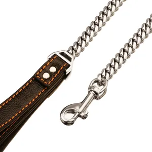 Stainless steel dog leash with black leather handle and heavy cuban link chain for pets.