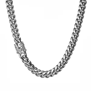 Detailed closeup view of stainless steel silver Cuban link chain necklace with fine craft.