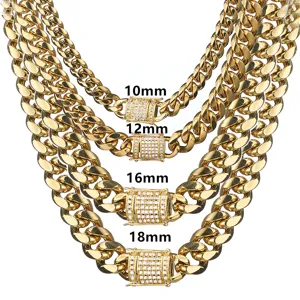 Men's Stainless Steel Cuban Link Chain Necklace Gold Plated Miami Curb Chain With Rhinestone Box Clasp Fashion Jewelry