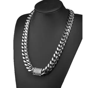 Stainless steel Miami Cuban link chain necklace with iced out zirconia clasp for men.