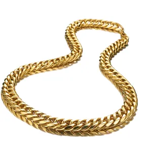 Detail shot of gold stainless steel thick chain necklace, six sided polished men fashion accessory.