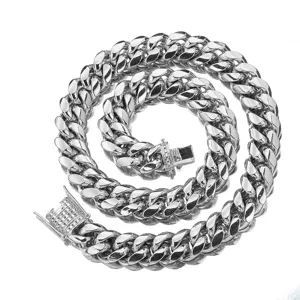 Stainless Steel Miami Cuban Link Chain Mens Hip Hop Paved Diamond Clasp Necklace Jewelry