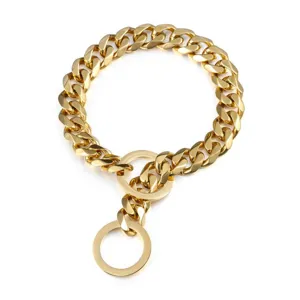 Gold stainless steel heavy duty pet dog cuban link chain collar, stylish and durable.