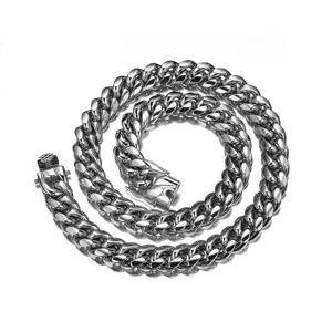 Stainless steel Cuban chain detail showing the metallic texture and clasp design clearly.