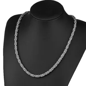 Stainless steel Byzantine chain necklace for men, detailed view of classic metal jewelry design.