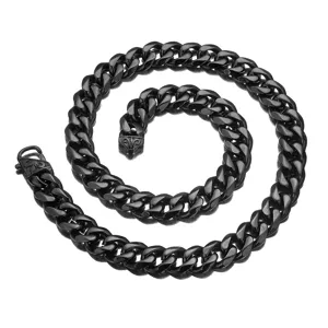 15mm black stainless steel cuban chain necklace for men, thick heavy metal rock style detail.