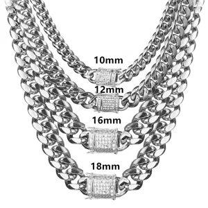 Men Stainless Steel Cuban Link Chain Necklace Miami Curb Chain With Rhinestone Clasp Hip Hop Fashion Jewelry