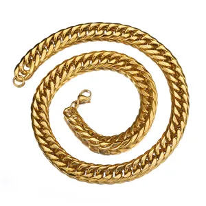 Detail view of the thick gold stainless steel cuban chain necklace, showcasing fine links.