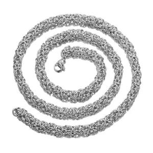 Stainless steel Byzantine chain necklace detail shot showing tight woven links and sturdy clasp