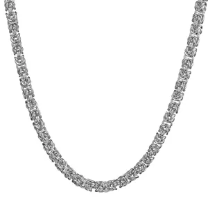 Detail view of silver stainless steel Byzantine chain necklace showing intricate metal links.