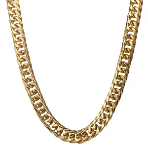 Chunky gold stainless steel cuban link chain detail, bold men necklace close up view.