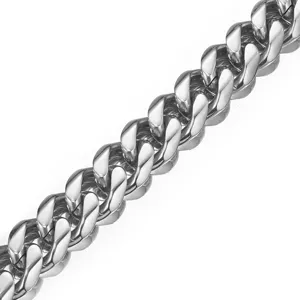 Close-up detail of heavy stainless steel cuban link chain texture and polished links.