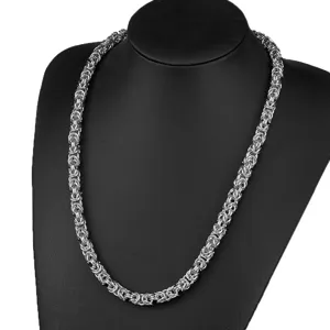 Close-up detail of the stainless steel Byzantine chain necklace, showing exquisite craftsmanship.