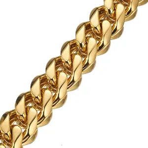 Close-up detail of 15mm thick gold stainless steel cuban link chain necklace for men fashion.