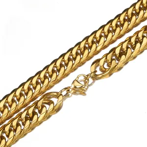 Detailed close-up view of a heavy gold stainless steel Cuban link chain with secure double lock.