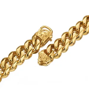 Close-up detail of 15mm thick stainless steel Cuban curb chain necklace for men, gold finish.