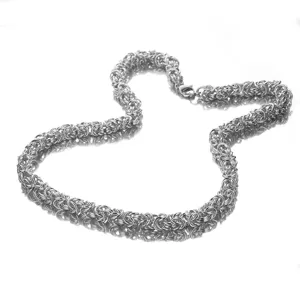 Stainless steel Byzantine chain necklace detail view, silver metallic finish craft.