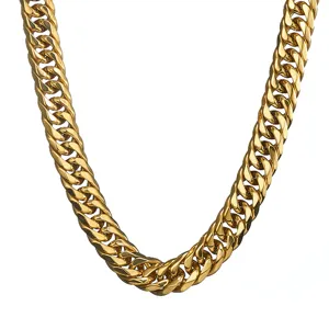 Detailed close-up of men's gold stainless steel thick cuban link chain necklace, polished finish.
