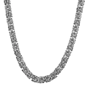 Close-up detail of the intricate stainless steel Byzantine chain necklace, showing fine links.