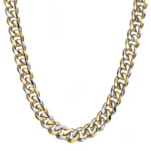Close-up detail of the 15mm two-tone stainless steel Cuban chain necklace for men's fashion.