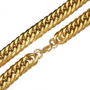 Closeup of men gold titanium steel chunky cuban chain necklace detail macro view link.