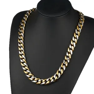 Detailed view of wide two-tone stainless steel cuban link chain, masculine thick design.