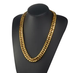 Gold thick Cuban chain necklace detail view, stainless steel metal link jewelry for men style