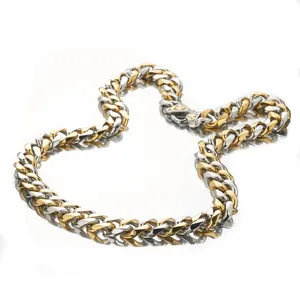 15mm two-tone stainless steel cuban curb chain necklace for men, detailed view of links.