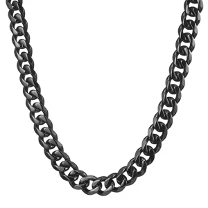 Black stainless steel cuban link chain necklace for men, 15mm thick heavy metal punk rock jewelry.