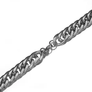 Close-up detail shot of heavy stainless steel Cuban curb chain necklace, highly polished finish.