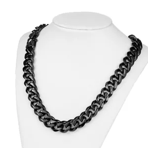 Close-up detail shot of the 15mm wide black stainless steel cuban link chain necklace.