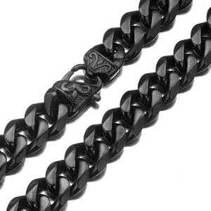 15mm heavy black stainless steel cuban link chain necklace with gothic clasp for men.