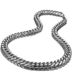 Close-up detail view of stainless steel double buckle six side polished heavy chain jewelry.