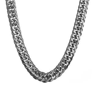 Men stainless steel heavy Cuban link chain necklace, thick metal choker, detailed jewelry view.