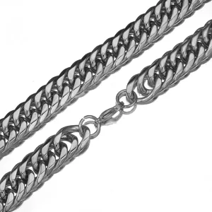 Stainless steel heavy thick cuban link chain detail view, durable men metal jewelry.