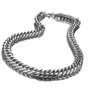 Detailed close-up of a heavy stainless steel double-link chain necklace for men, polished finish.