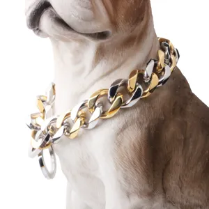 Detailansicht der 19mm zweifarbigen Edelstahl Haustier Hundehalskette, gold und silber Cuban Kette.