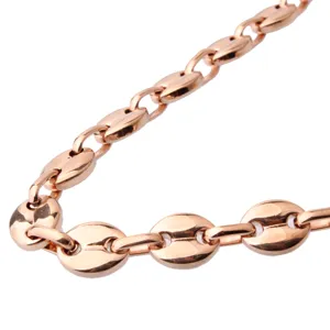 Close-up of rose gold coffee bean chain link necklace detail, premium stainless steel design.