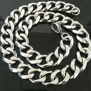 Detailed close-up view of a heavy stainless steel cuban link chain showcasing polished silver links.