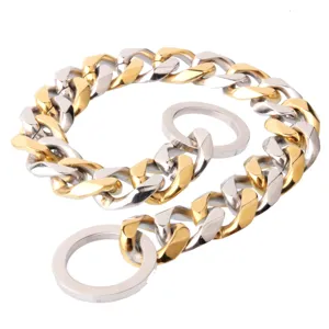 Stainless steel dog chain collar, gold and silver two-tone 19mm heavy pet training chain.
