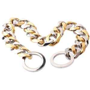 19mm Stainless Steel Dog Chain Collar Two Tone Gold Silver Pet P-Chain Pet Supplies