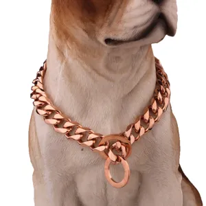 Heavy duty metal dog collar, 15mm cuban link titanium steel rose gold pet chain for large dogs.
