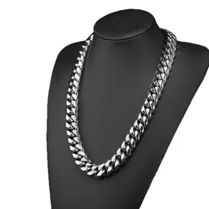 Stainless steel Cuban link chain necklace for men, heavy hip-hop design, silver metal finish.