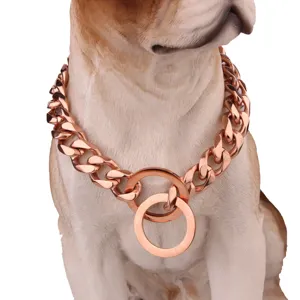 Heavy duty 15mm rose gold stainless steel cuban link dog collar with double rings for large pets.