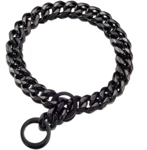 Stainless steel heavy duty curb chain dog collar detail view with black finish and dual metal rings.