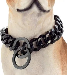 Heavy duty black metal dog chain collar with double rings, durable titanium steel pet accessory.