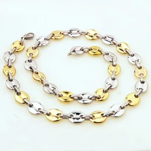 Two-tone stainless steel coffee bean necklace, trendy hip-hop style chain for daily wear.